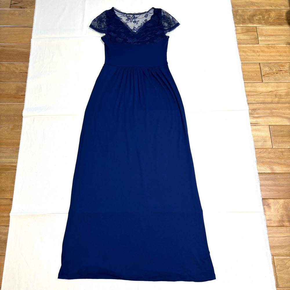 Navy Blue Maxi Dress Lace Cap Sleeves Lace Back Semi-Formal Casual - Picture 9 of 16